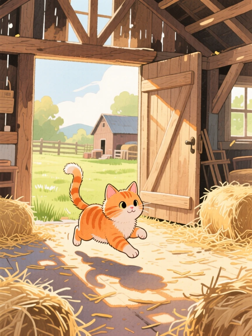A fluffy orange kitten chasing its own tail in a sunny backyard, set in a rustic barn filled with soft hay, capturing a fleeting moment of quiet contentment.