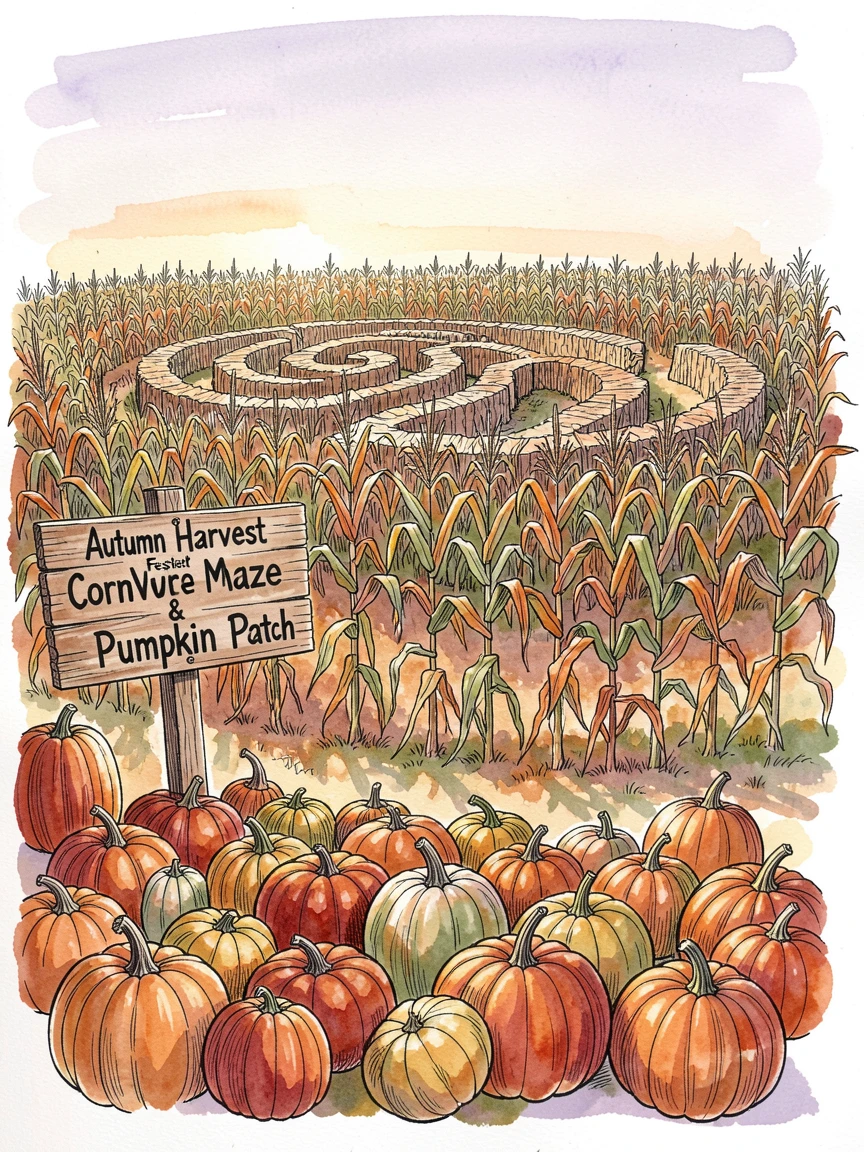 An autumn harvest festival with a corn maze and pumpkin patch bathed in late afternoon light