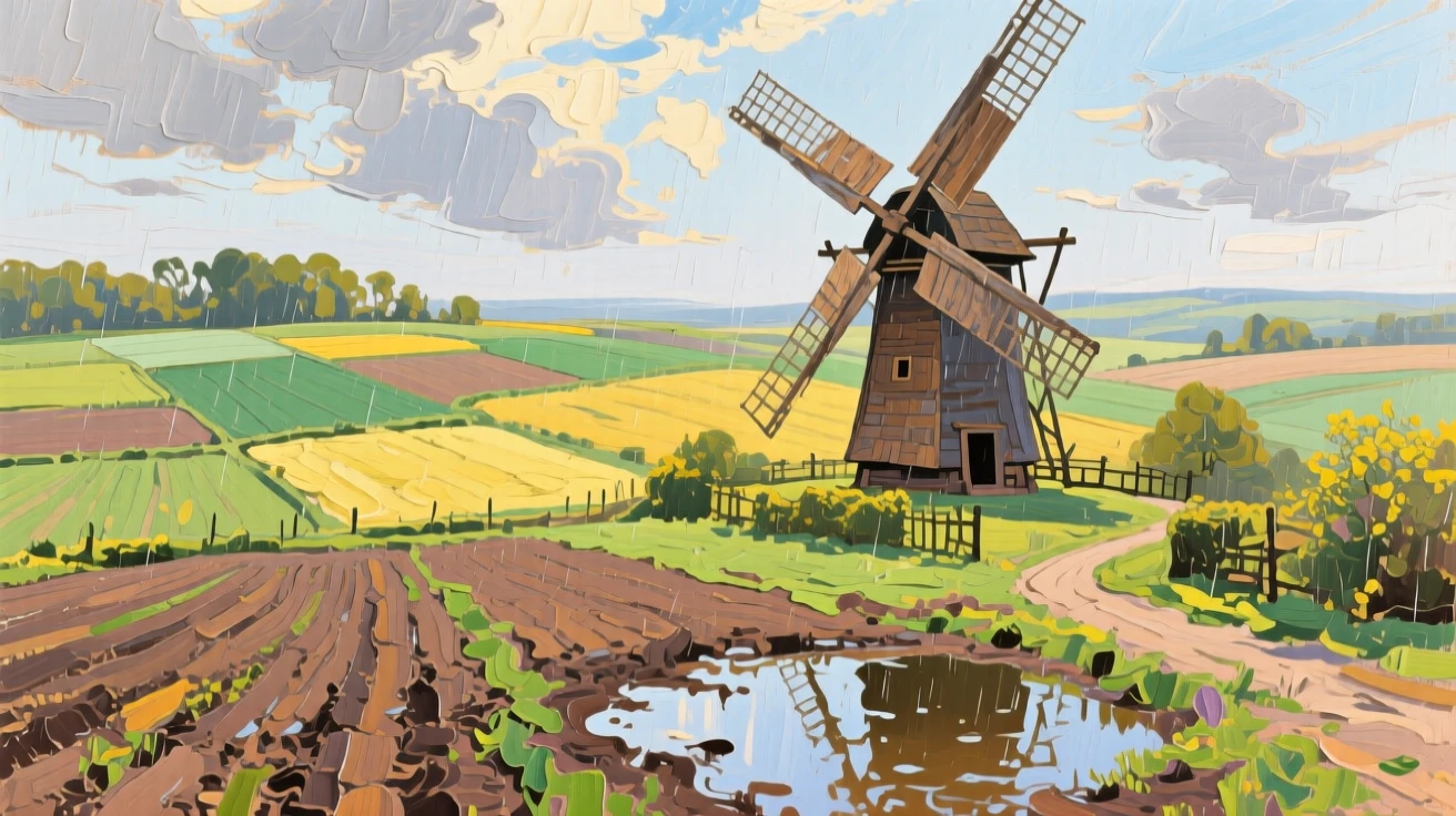 a windmill beside a patchwork of fields, after a light spring rain, with a balanced, spacious view of the surroundings.