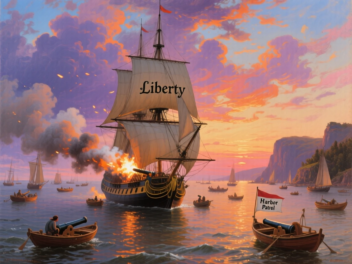 A schooner fires its cannons across a wide bay dotted with smaller boats beneath a sky streaked with color.