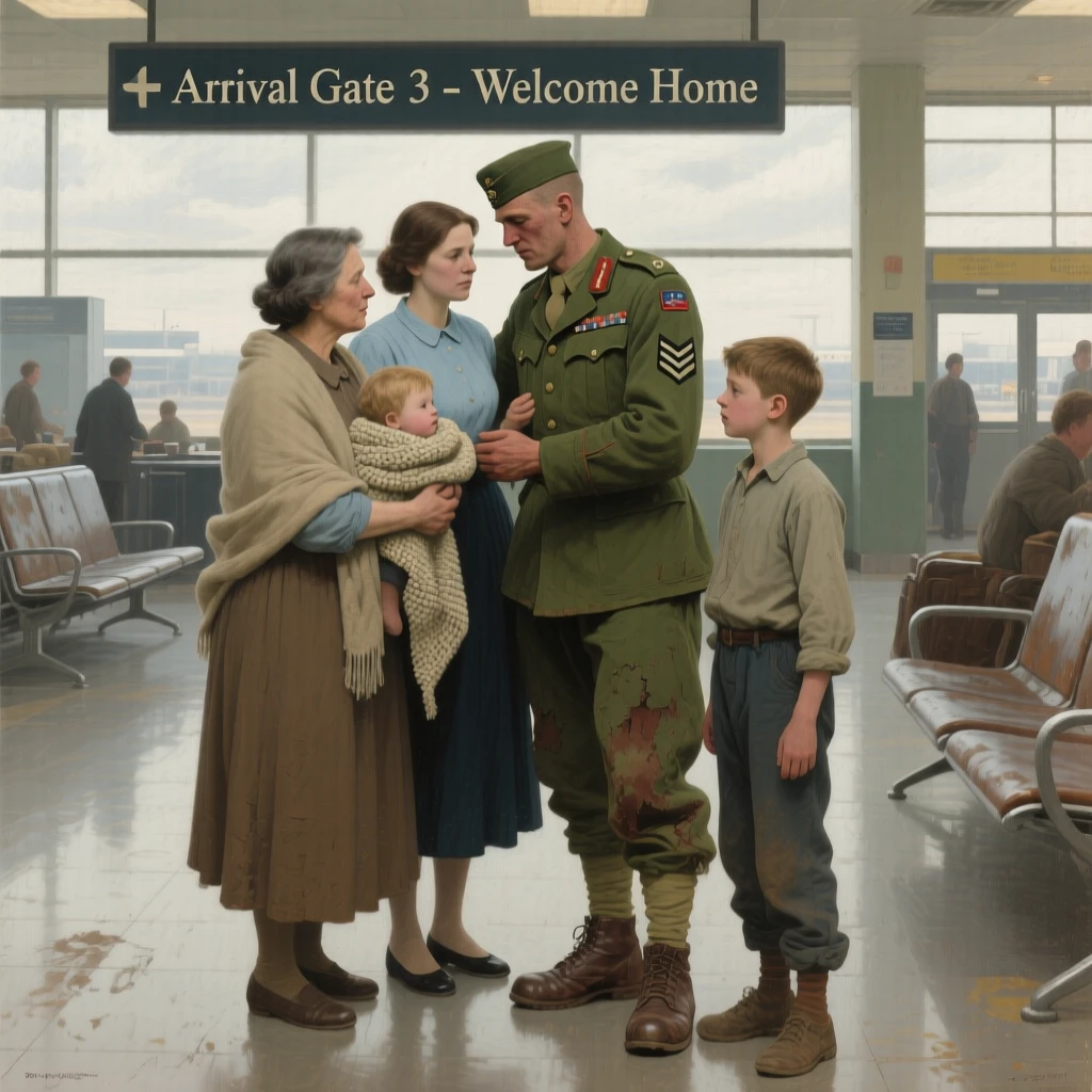 A soldier reunited with his family, embracing them tightly at the airport, with soft shadows adding depth and intimacy to the moment, celebrating the quiet dignity found in everyday human life