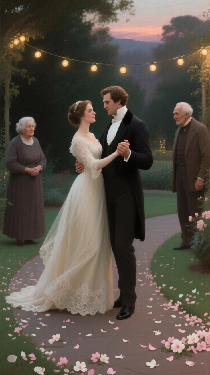 Newlyweds sharing their first dance beneath string lights as gentle affection passes easily between generations, set beside a garden path scattered with fallen blossoms, with small, telling gestures like a held hand or a shared glance; the arrangement of figures suggests closeness without crowding, suggesting the enduring bonds between generations.