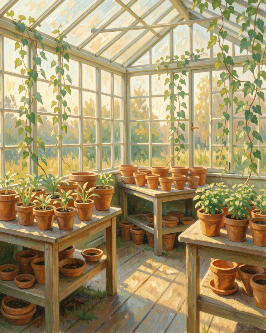 A sunlit greenhouse filled with potting benches, terracotta pots, and trailing ivy along glass panes.
