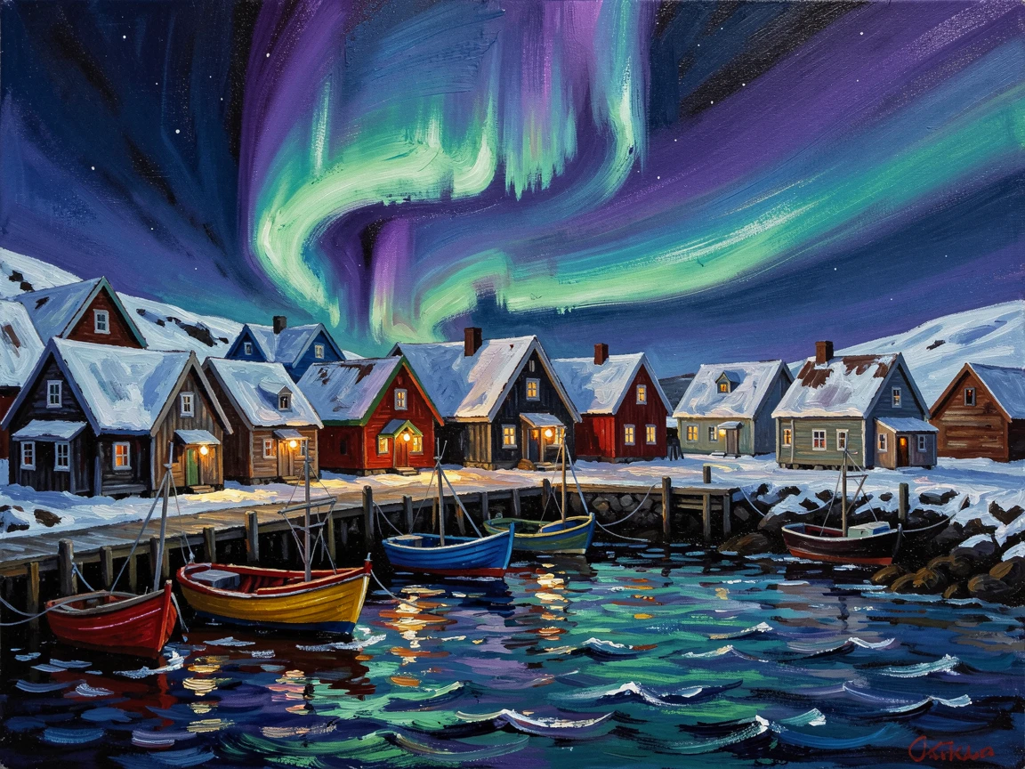 A quiet fishing village in Iceland beneath the glow of the northern lights.