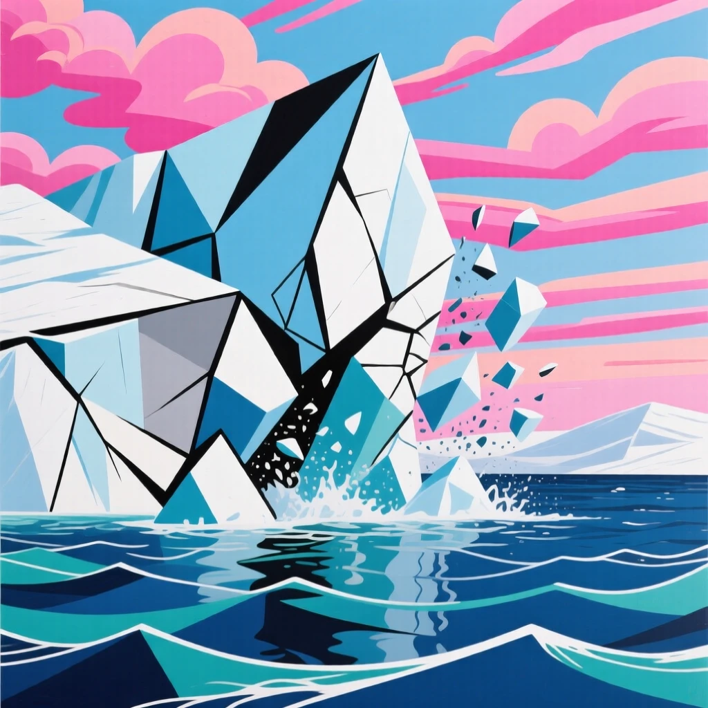 A glacier calving into the sea beneath a sky streaked with pink clouds.