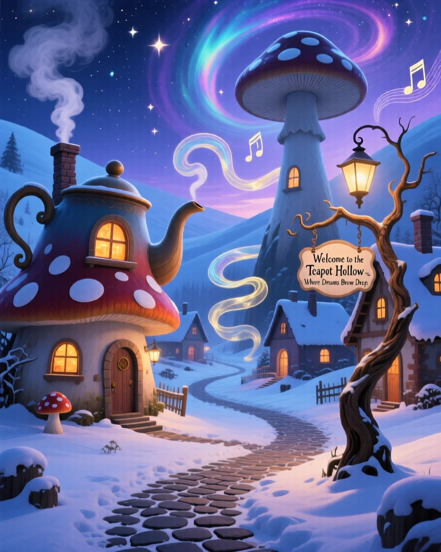 A village of houses shaped like teapots and toadstools rests peacefully beneath a blanket of drifting snow, while distant music drifts faintly through the still evening air.