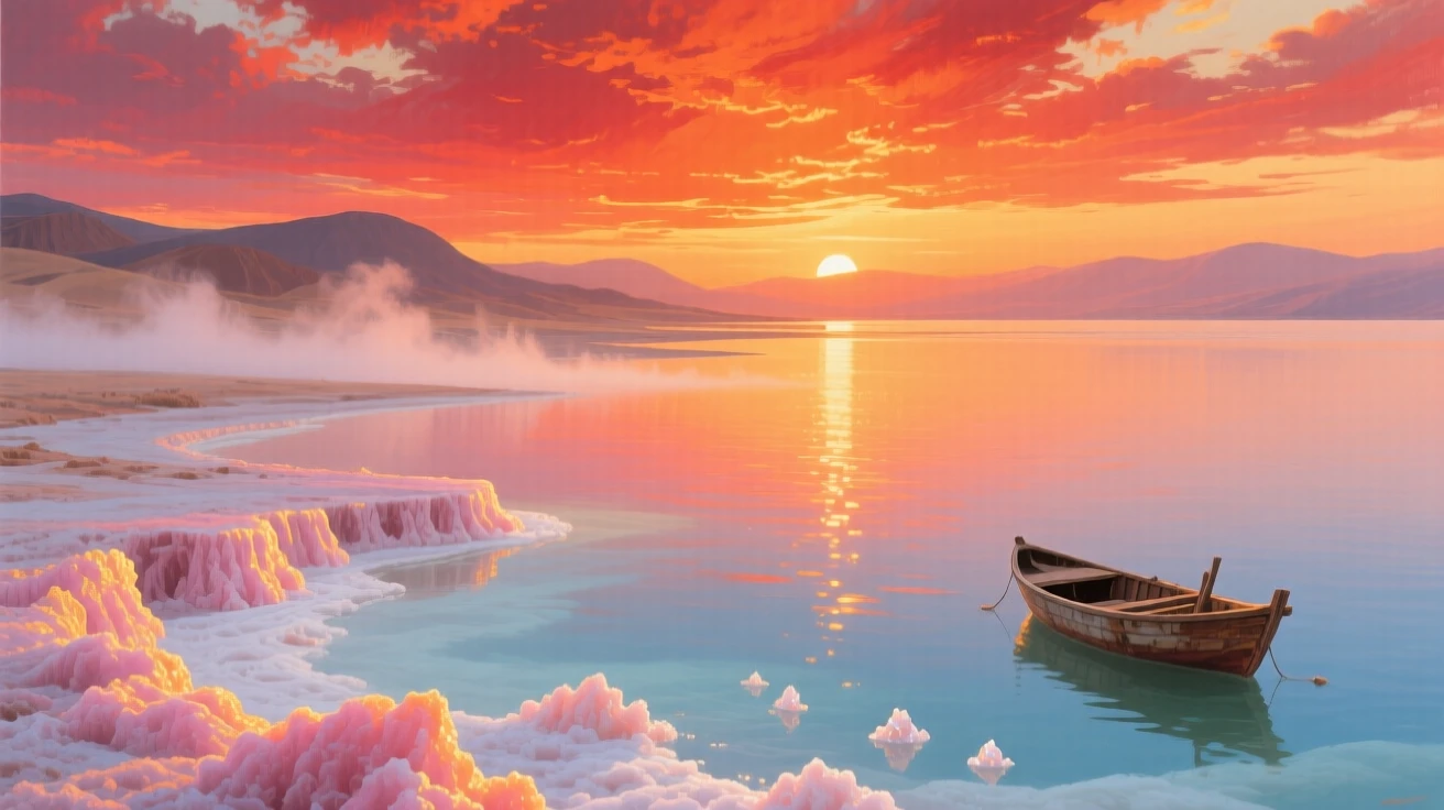 A dramatic sunrise breaks over the Dead Sea, salt formations glowing pink and gold as mist rises gently from the still, mineral-rich water, a sense of vast scale emphasized by tiny details that anchor the eye at the edges of the frame.
