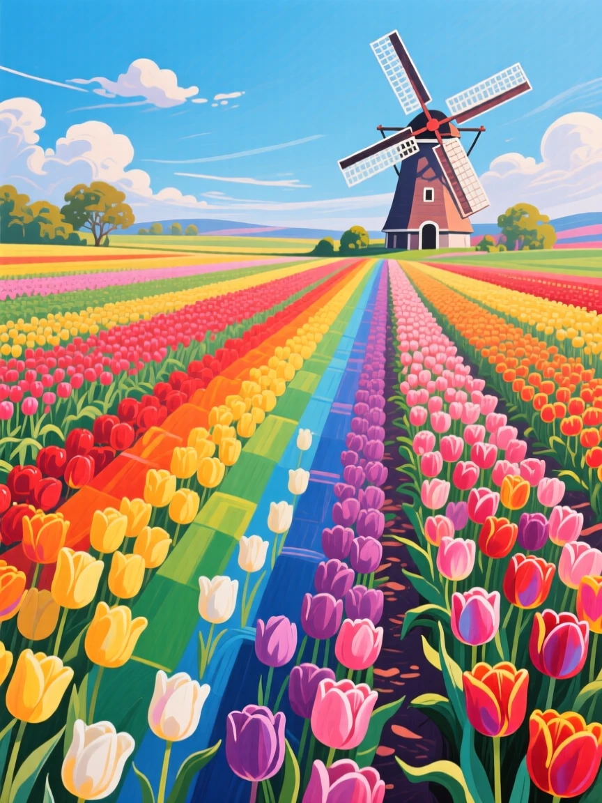 A field of blooming tulips arranged in vibrant rainbow rows stretching toward a windmill