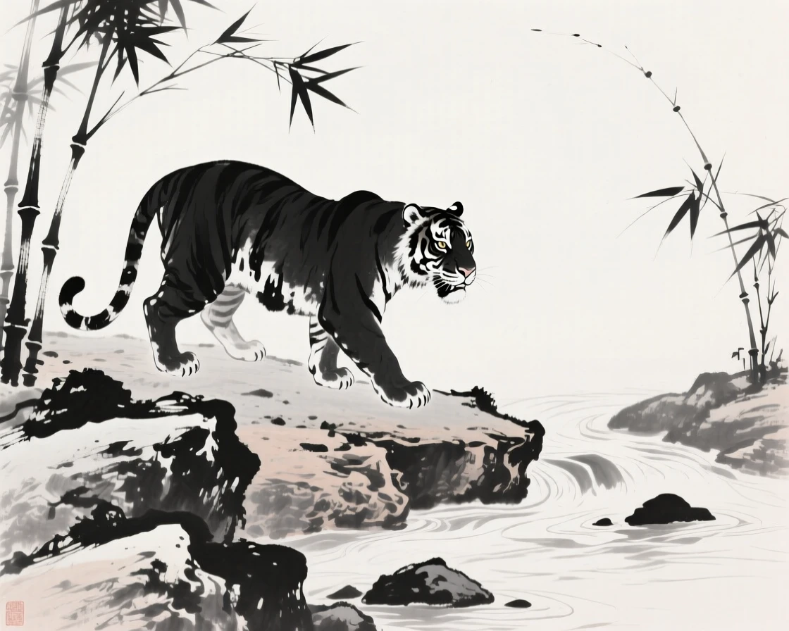 A tiger prowls silently along a rocky riverbank, with bamboo leaves rustling in the wind nearby.