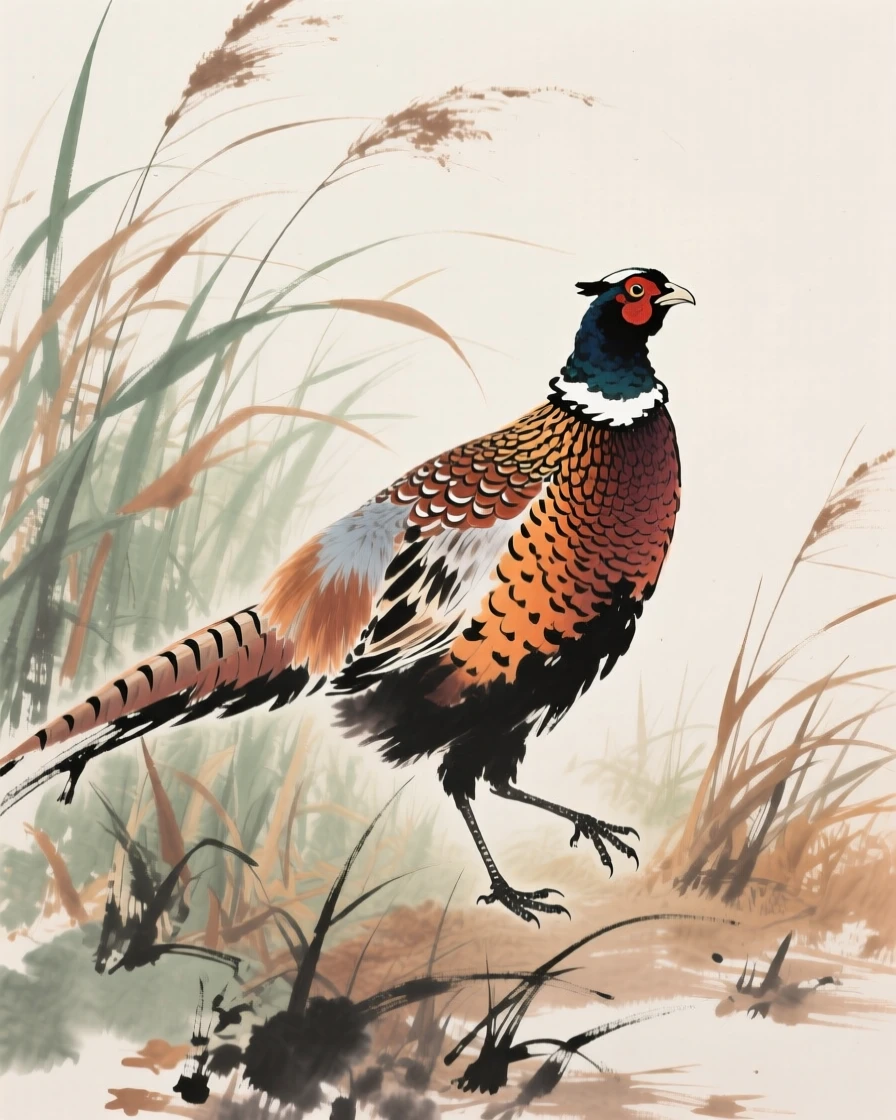 A pheasant with brilliant plumage stepping through tall grass, in late autumn, carrying a mood of wistful nostalgia.