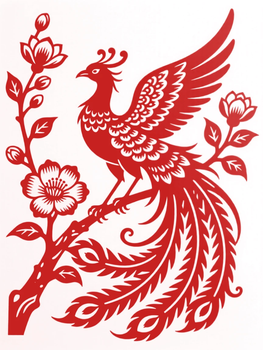 A phoenix with elaborate tail feathers perched on a flowering paulownia branch, wings half-spread as if about to take flight