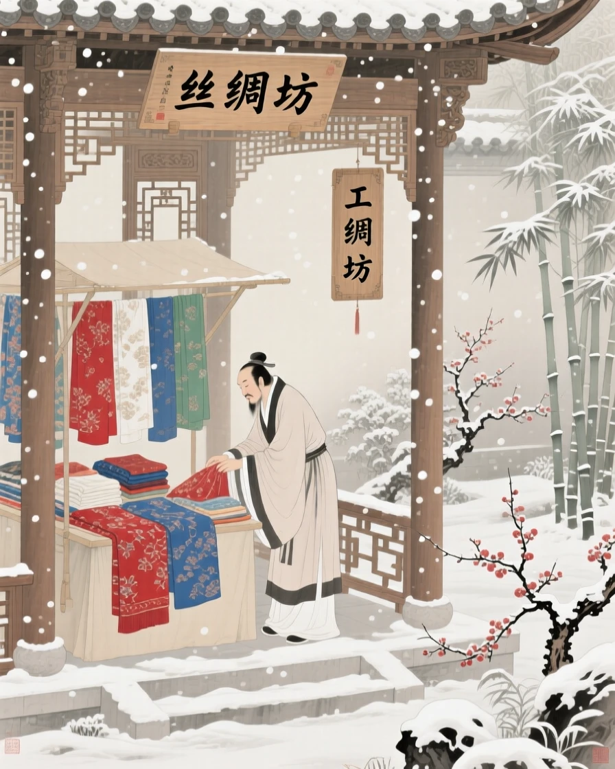 A silk trader tending to a small stall of goods in a garden pavilion during a light snowfall