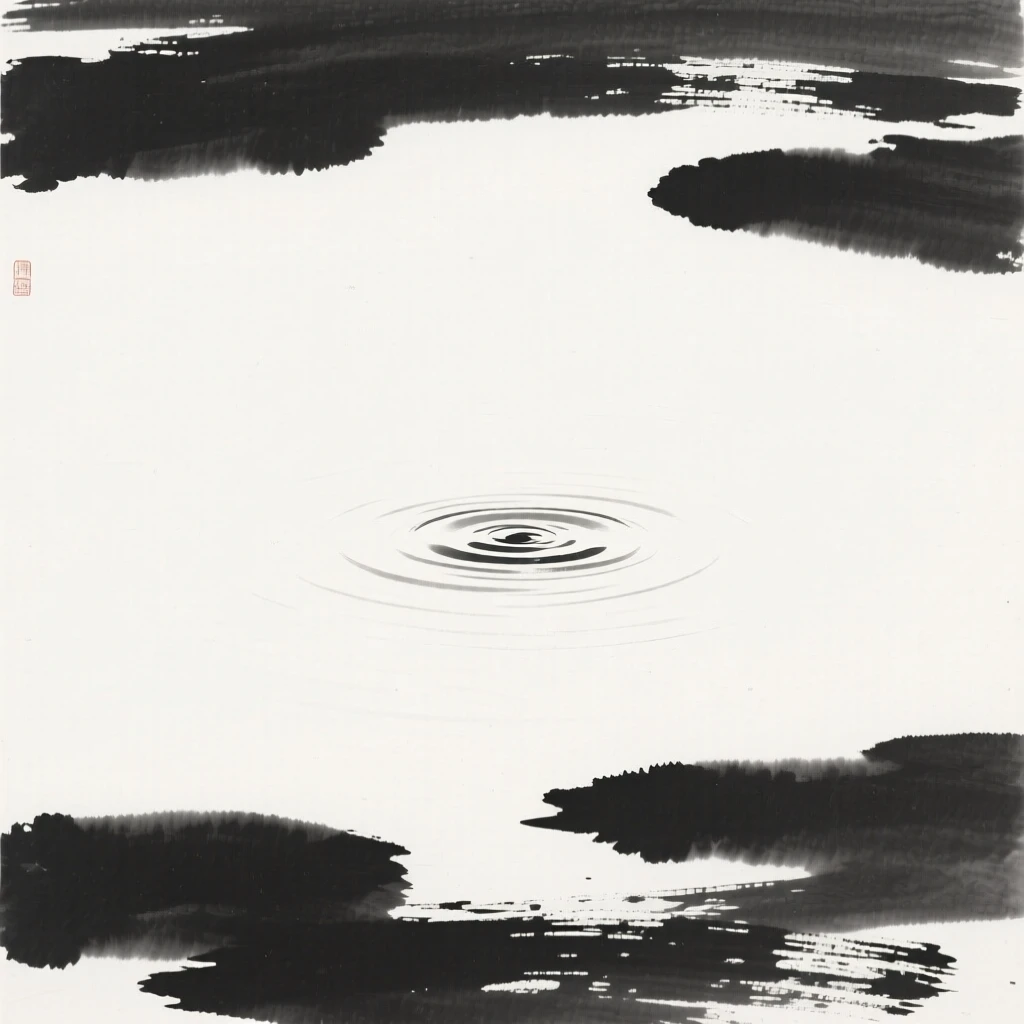 A single ripple spreading outward across a still pond, seen from a distance, small and still within the frame, conveying a poetic sense of calm and reflection.
