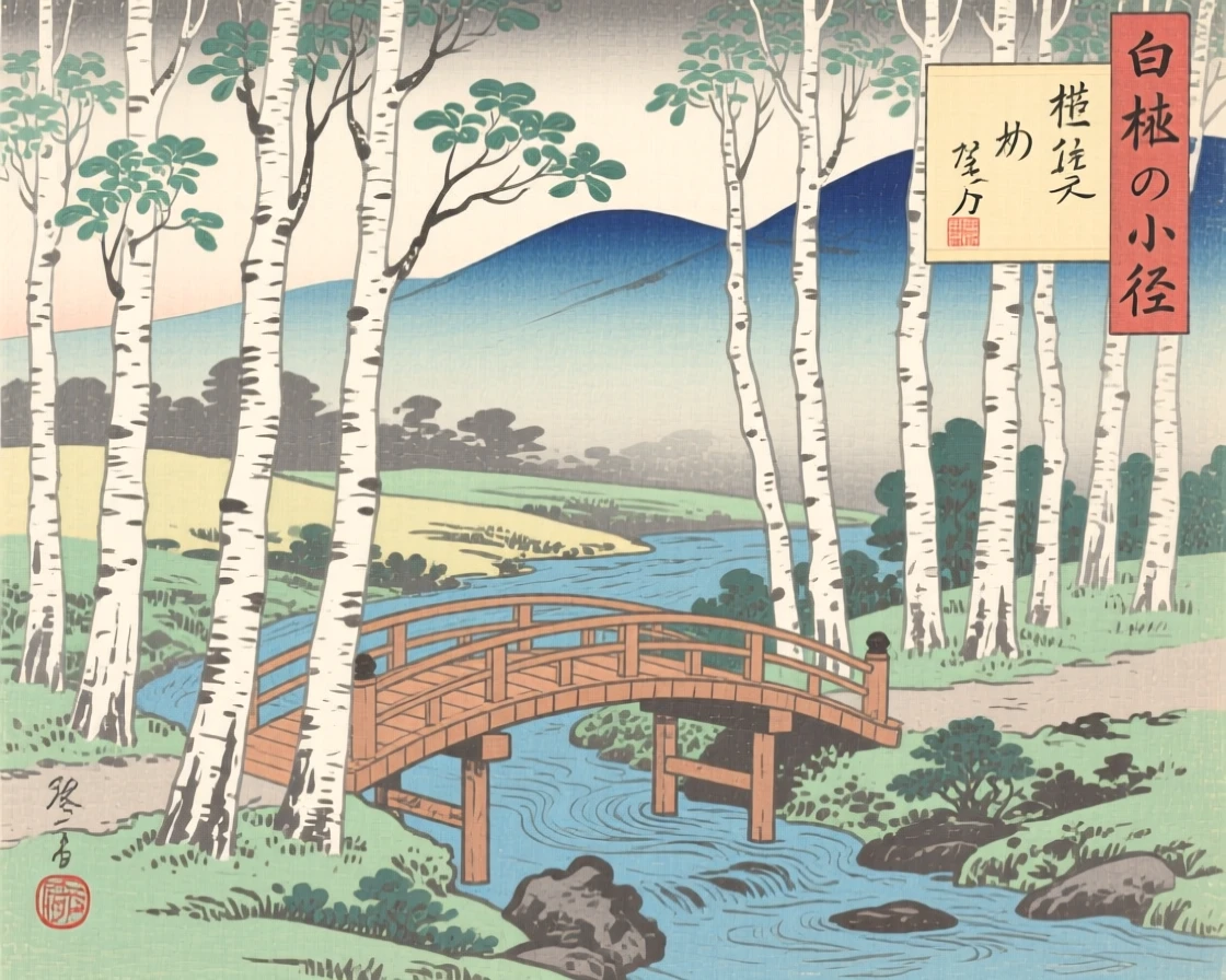 A grove of white birch trees, crossed by a simple wooden footbridge.