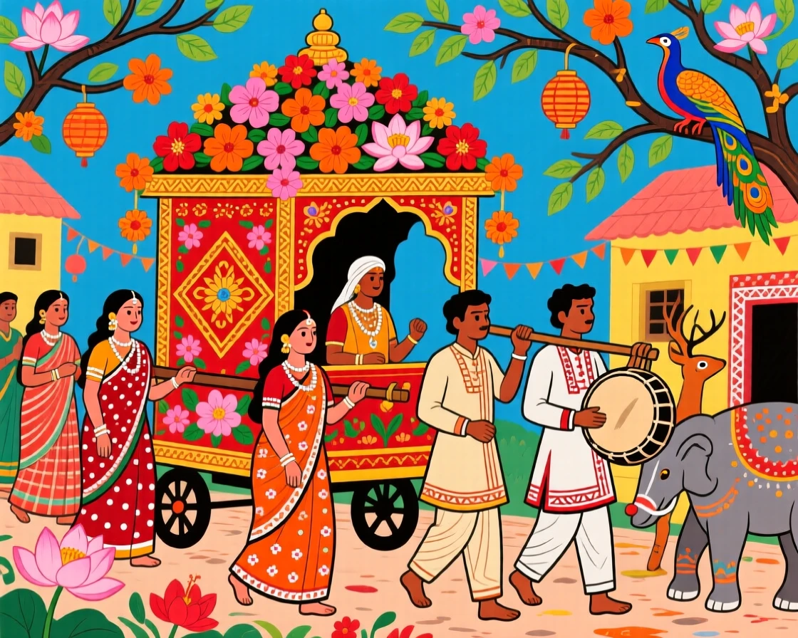 A festival procession carrying a flower-covered palanquin through the streets.