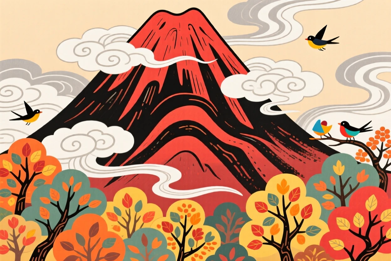 A sweeping view of a towering mountain peak wreathed in cloud in the deep colors of autumn.