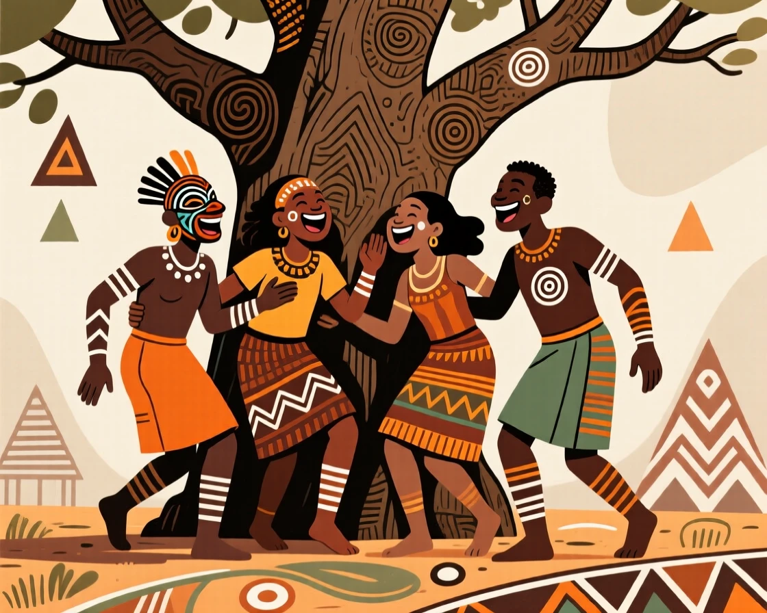 A group of friends laughing together under a tree.