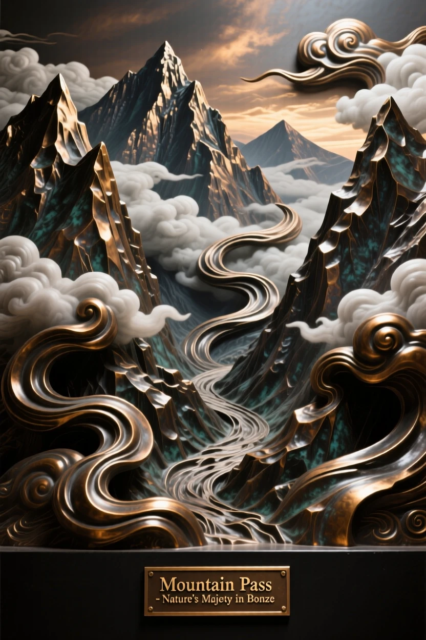 A dramatic mountain pass shrouded in swirling clouds, with dramatic natural lighting and rich color, offering a breathtaking sense of place