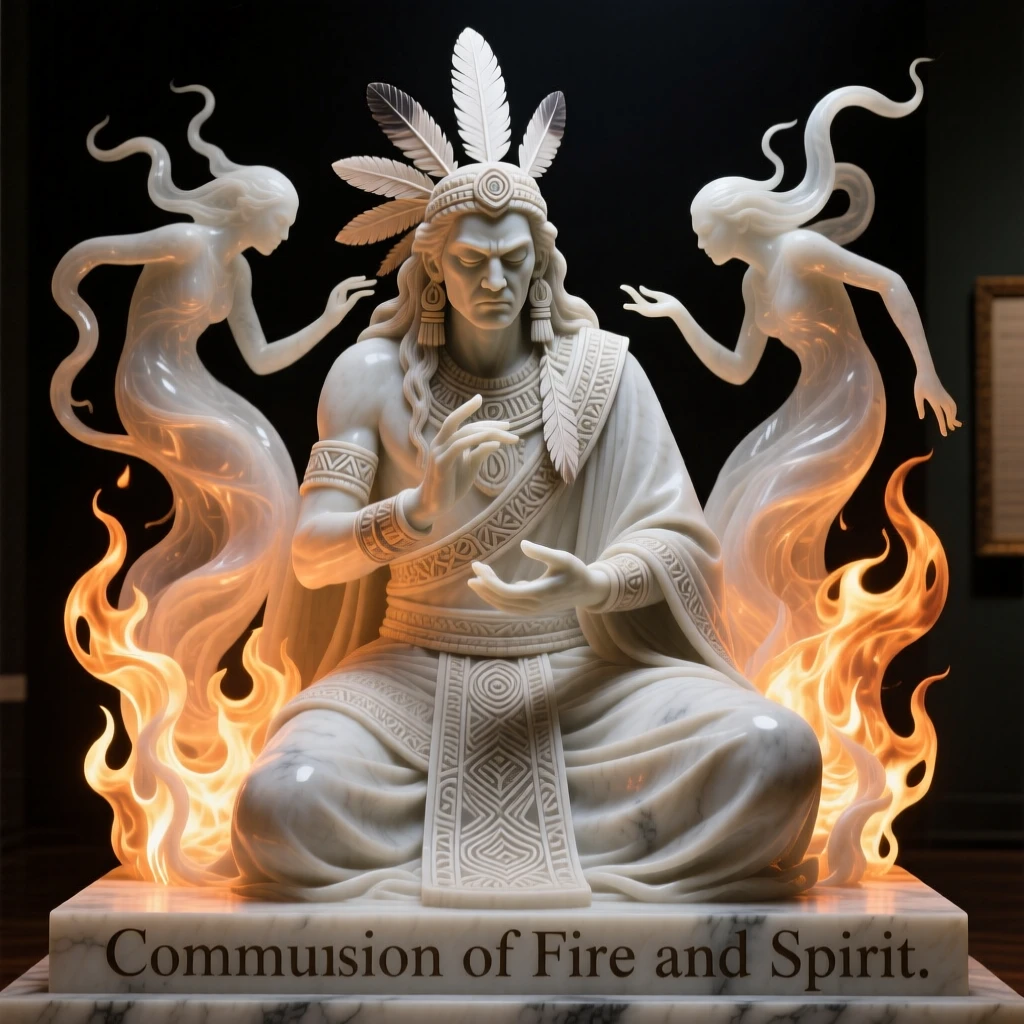 An epic scene of a shaman communing with spirits in firelight, bathed in an otherworldly glow, evoking myth and grandeur