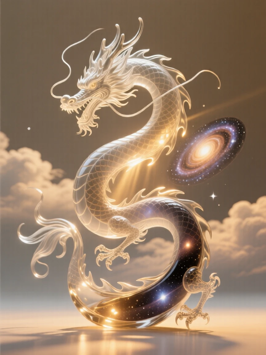 A celestial dragon coiling through swirling galaxies at golden hour with warm rays breaking through the clouds, epic scale composition, inspiring a sense of wonder and hope.