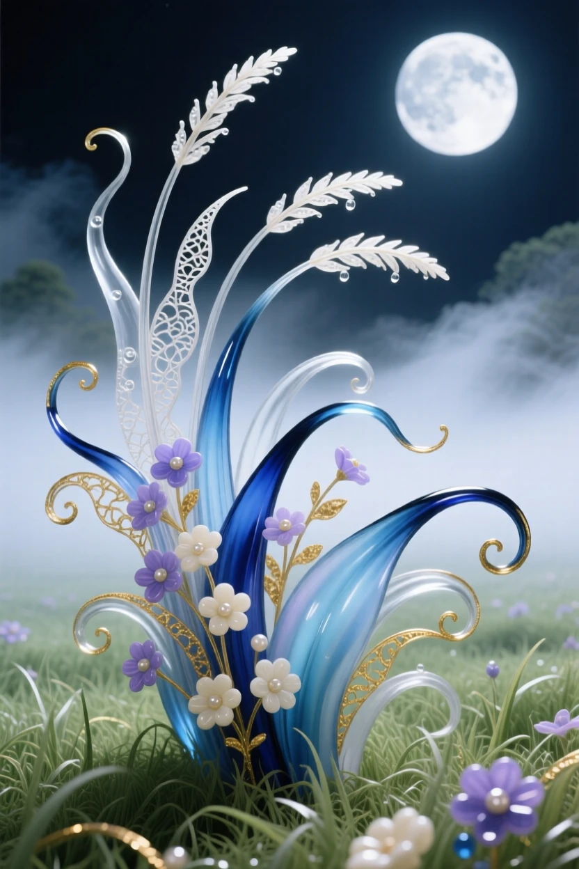 A quiet moonlit meadow with mist drifting low over the grass, ethereal and dreamlike.