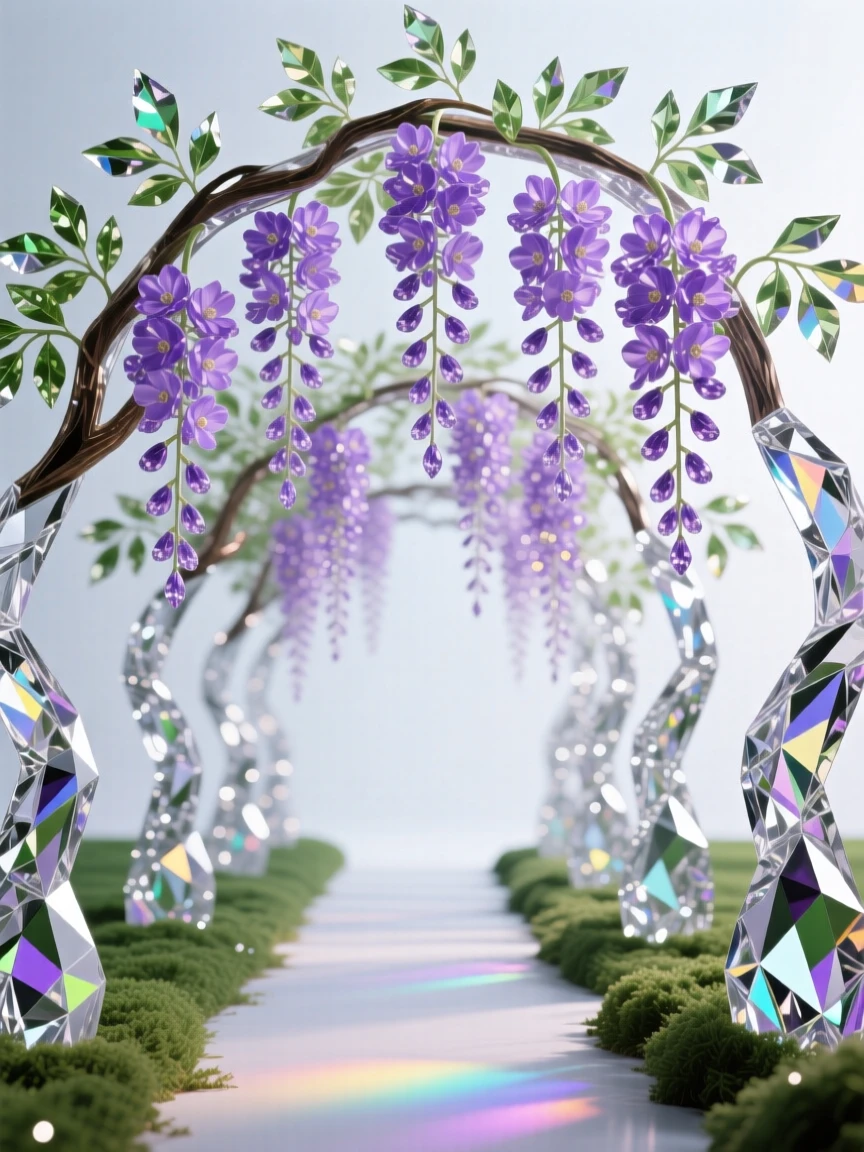 A row of blooming wisteria trees forming a natural tunnel over a garden path.