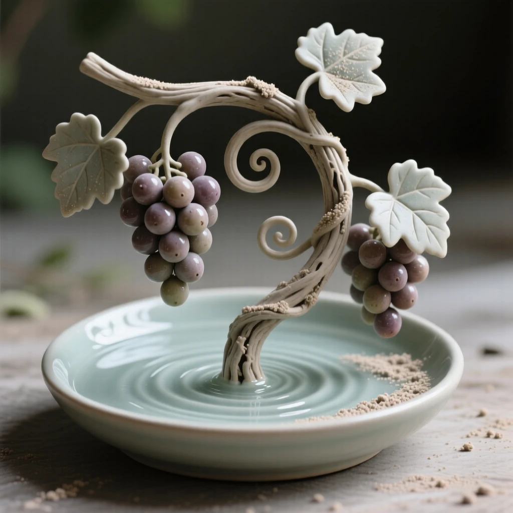 A twisting vine heavy with grapes resting delicately atop still water, dusted with fine pollen, conveying the quiet poetry of the natural world.