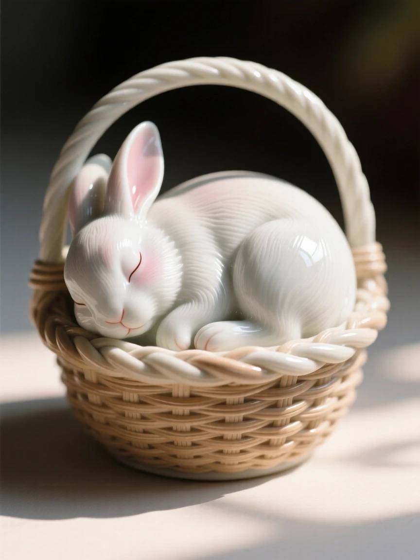 A tiny rabbit curled up asleep in a woven basket, bathed in warm dappled sunlight.