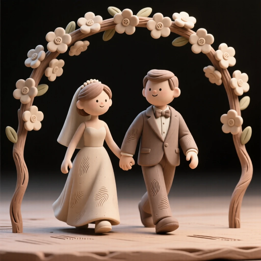 A bride and groom walking hand in hand beneath a canopy of flowers