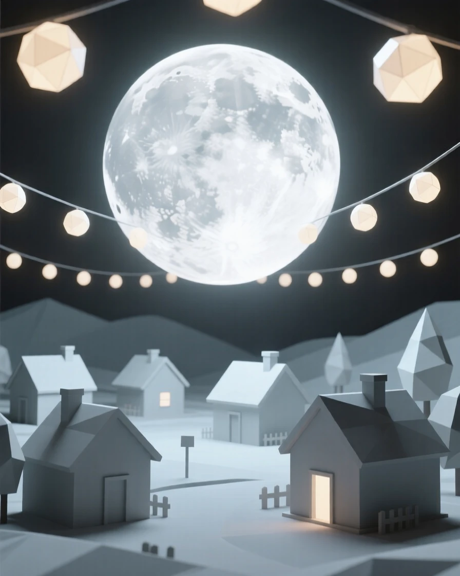 A giant moon looming impossibly close over a quiet village, beneath a canopy of dreamlike floating light. the scale of the scene emphasizes its vastness and wonder. There is a dreamlike, otherworldly quality to the moment.