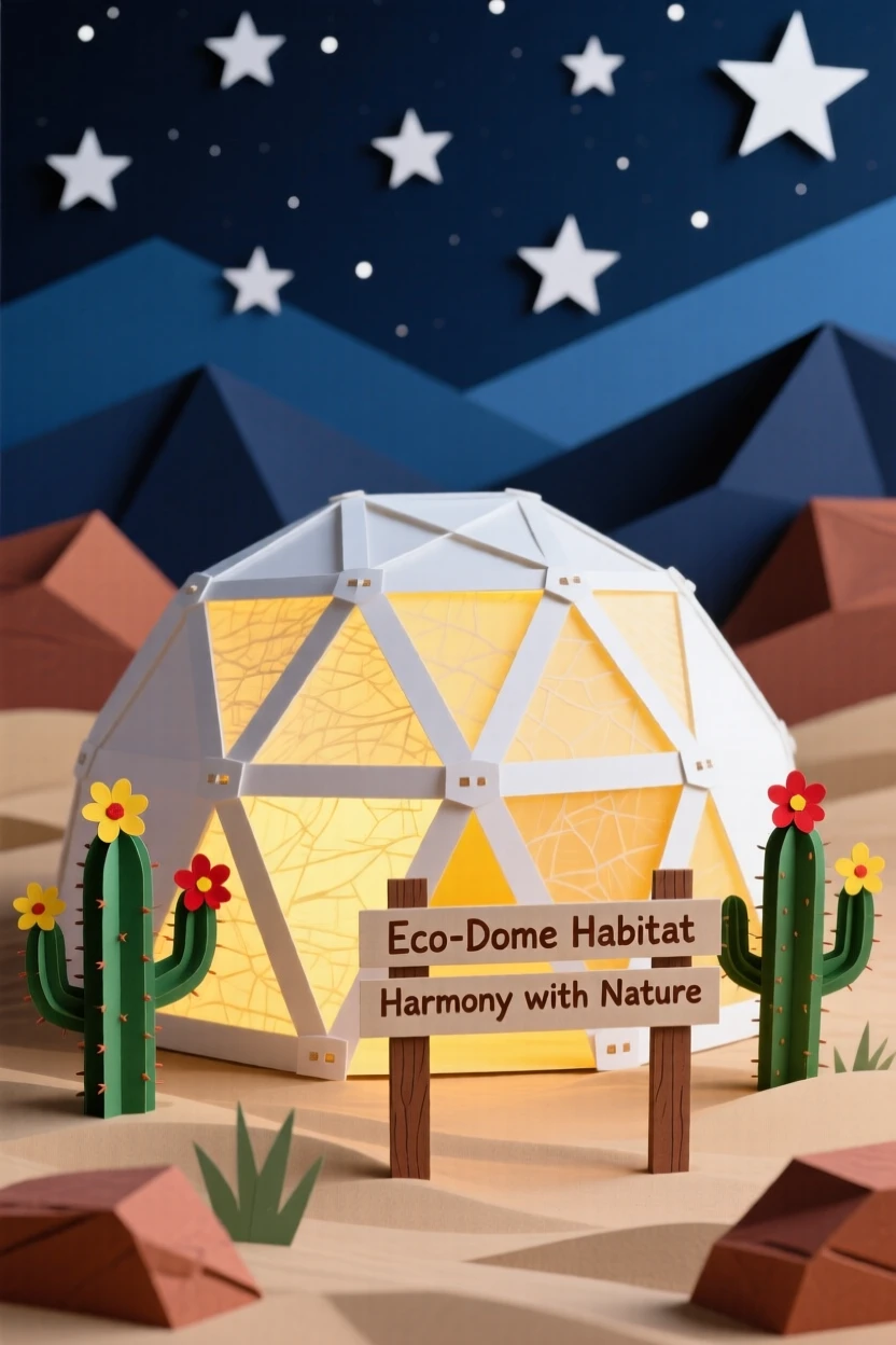 A striking desert eco-dome habitat glowing softly at night under a sky full of stars, evoking futuristic harmony with nature.
