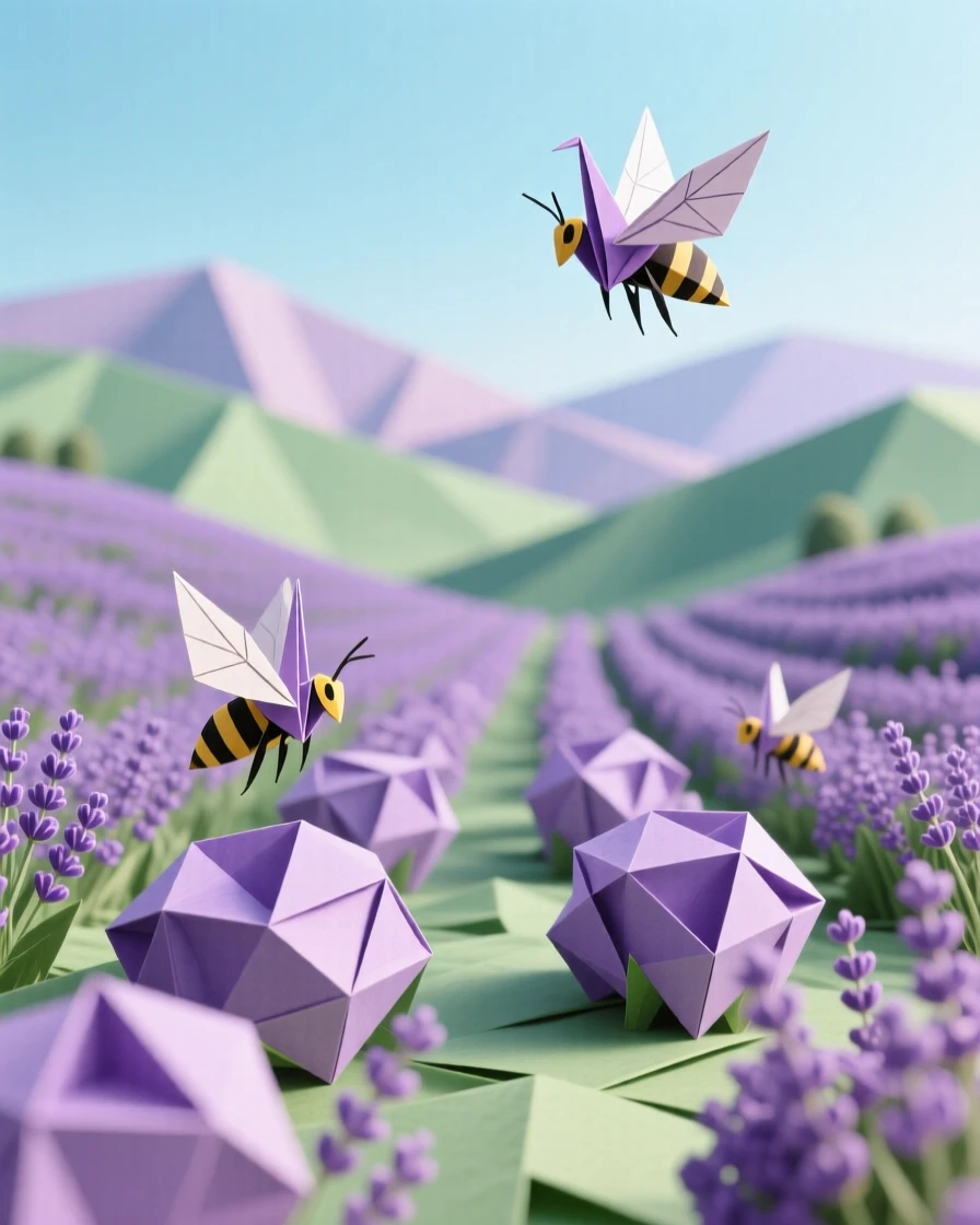 A tranquil valley filled with wild lavender, bees drifting lazily between the rows.