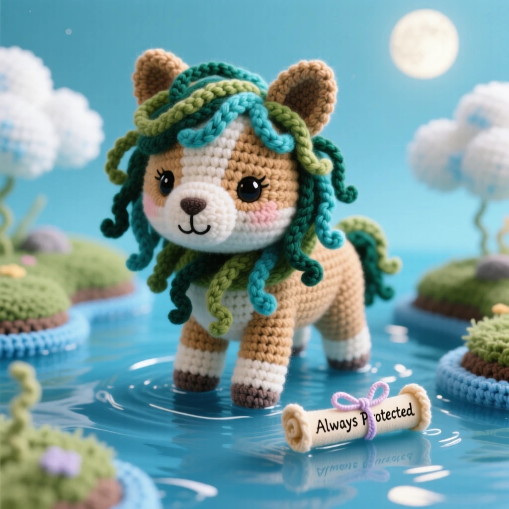 a round baby kelpie foal, with a mane like flowing seaweed, wading through a shallow moonlit stream, within a floating island drifting among the clouds, near a tiny scroll tied with a ribbon, radiating a warm, protective tenderness.