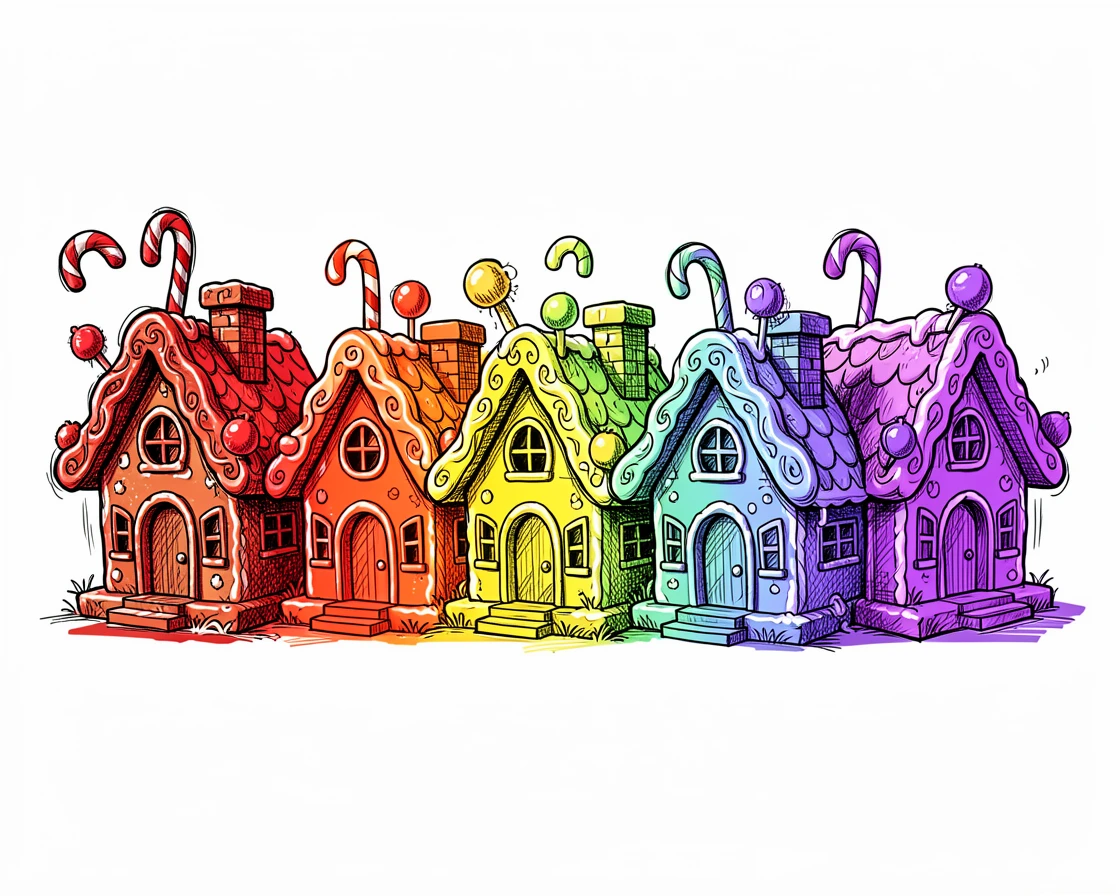 A gingerbread house arranged in a neat rainbow row.
