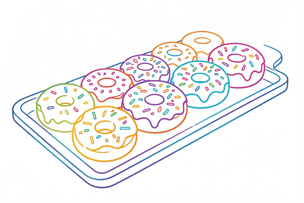 A row of colorful donuts with different glazes and toppings on a bakery tray.
