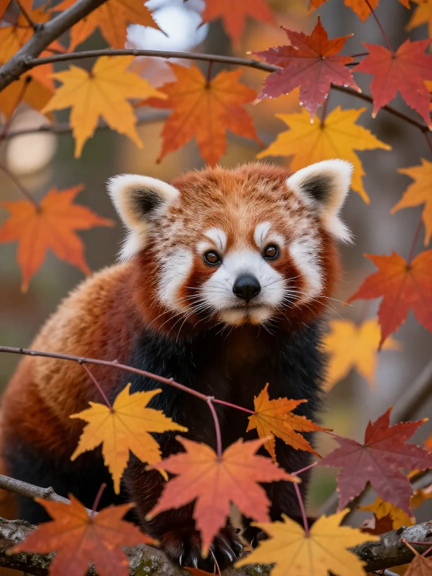 A red panda peeking out from autumn foliage