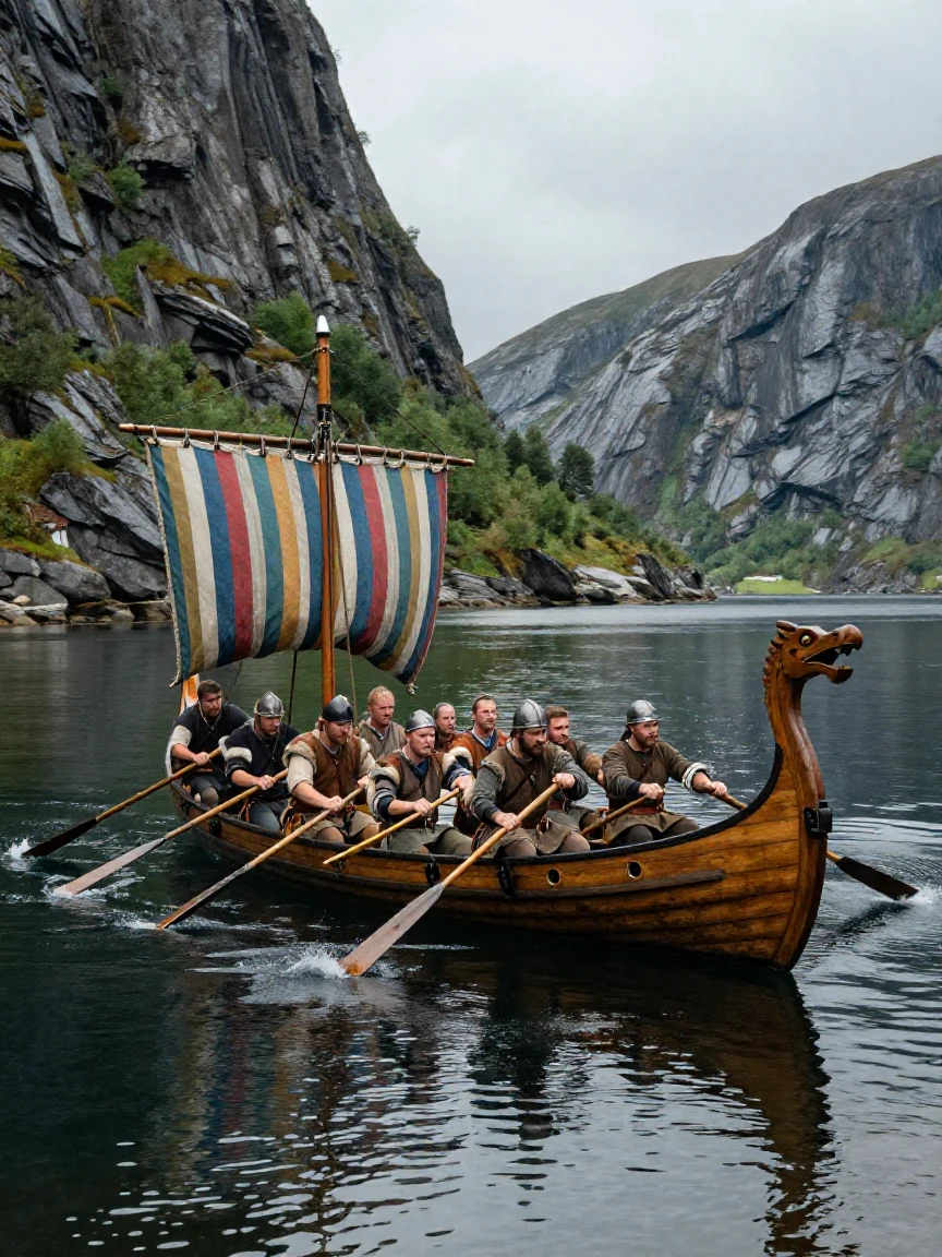 A Viking reenactment crew rows a longship replica across a fjord.