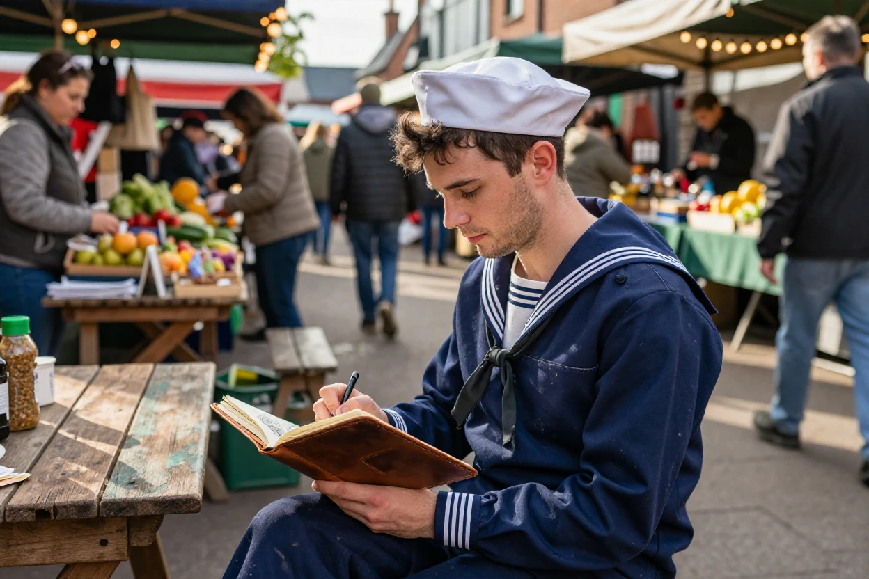 A newly married Scottish sailor sketching quietly in a well-worn notebook in a bustling open-air market