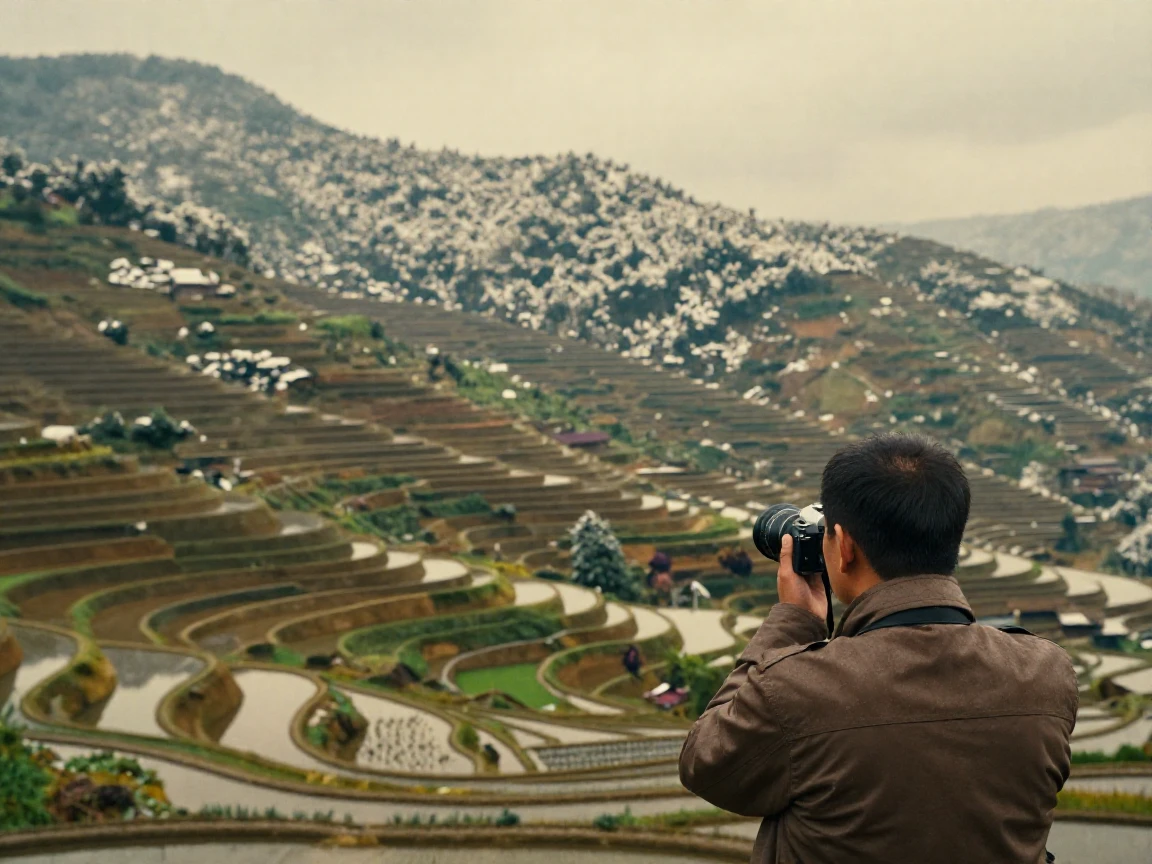 Terraced rice fields climbing the slopes of a green mountain, in gentle diffused daylight, just after a rain shower, with puddles reflecting the sky, under the first snow of winter, in warm honey and cream tones, from behind, looking toward the horizon.