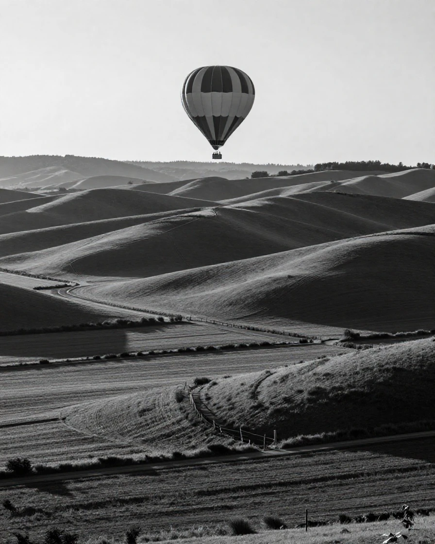 A hot air balloon drifts silently above rolling hills over a patchwork of green fields.