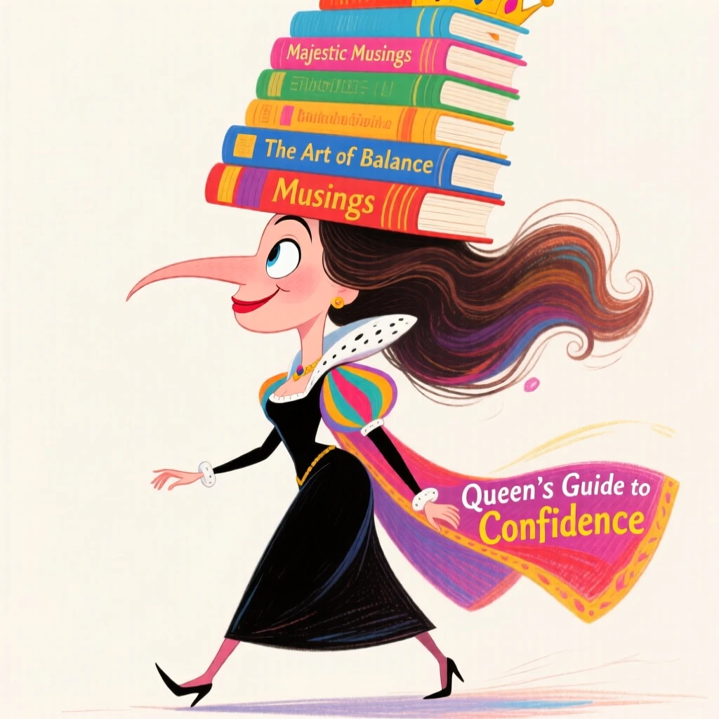 A woman balancing a stack of books on her head while walking like royalty.