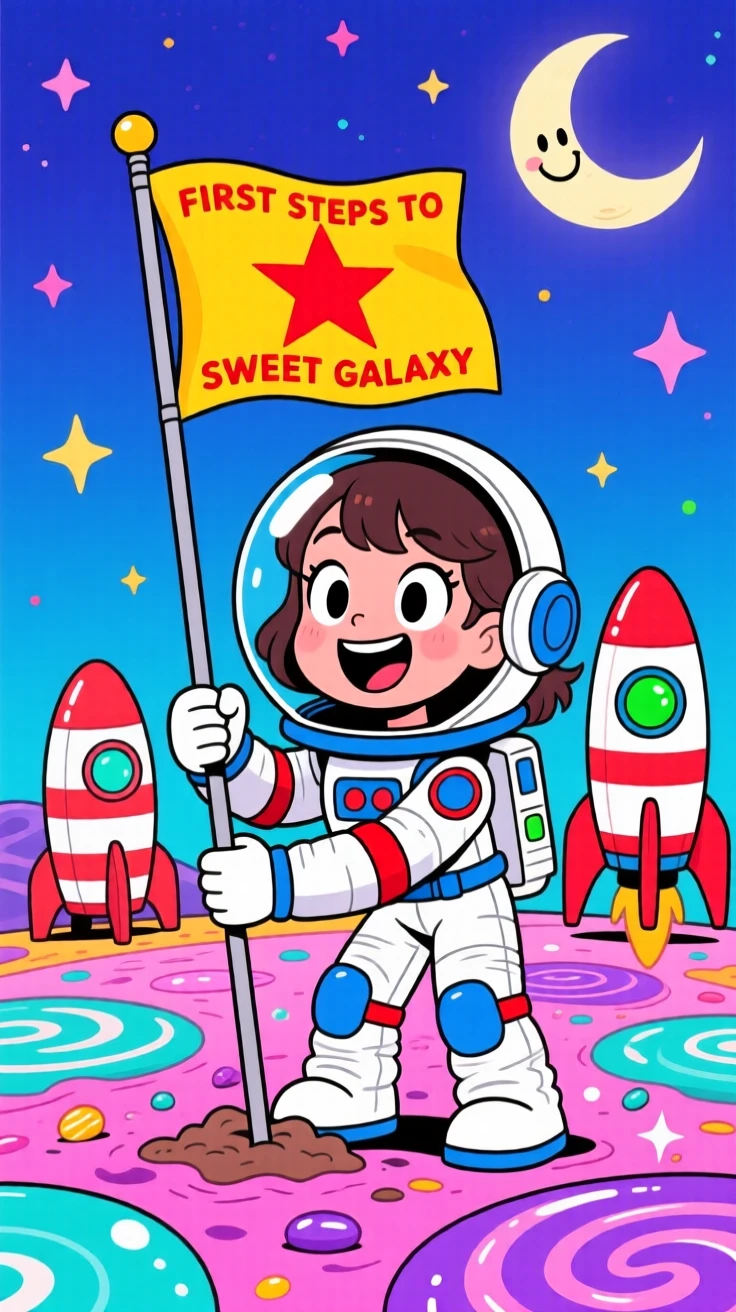 An imaginative fantasy scene of a young astronaut planting a flag on a candy-colored alien planet, tiny rocket ship behind her.
