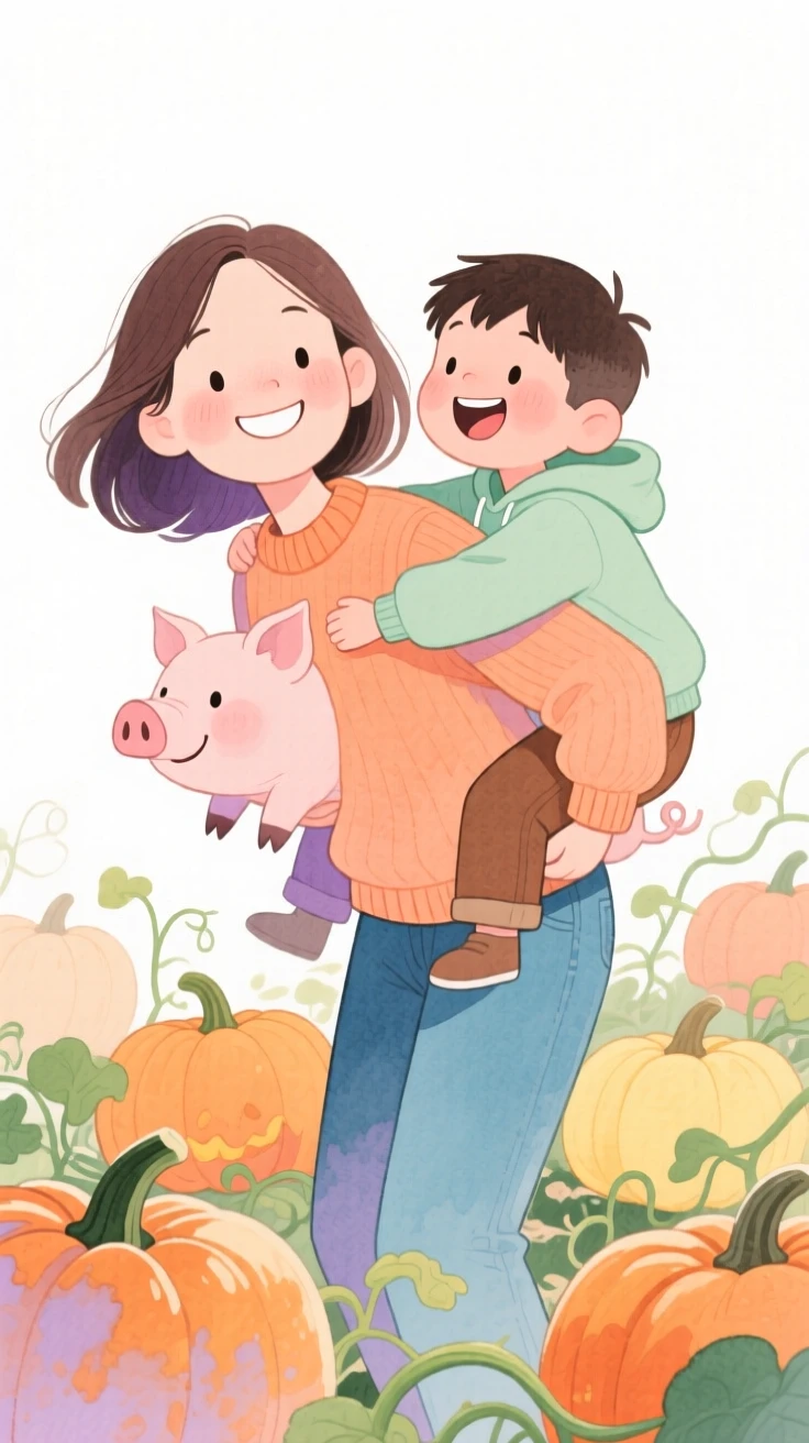 A mother and son sharing a piggyback ride through a pumpkin patch
