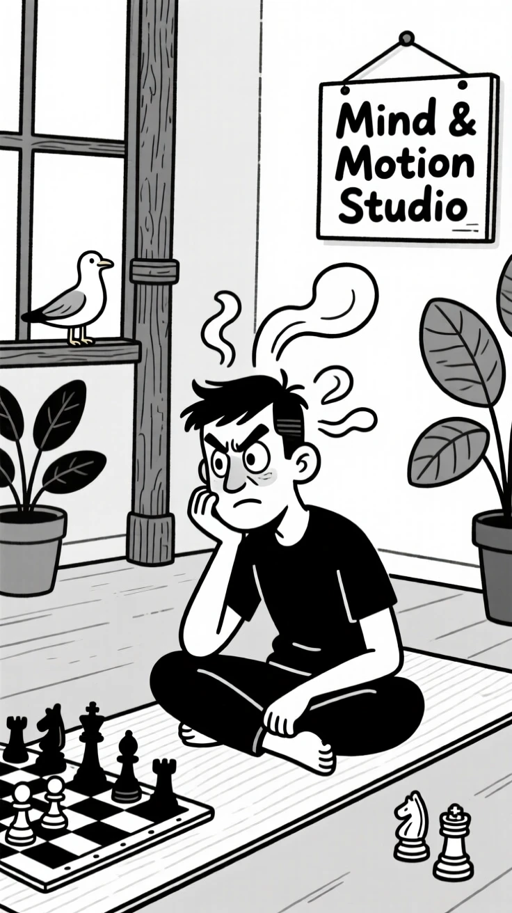 A chess player deep in dramatic thought, steam practically rising from sheer concentration, set on a yoga mat in a tranquil studio. A seagull watches the chaos from a nearby post. It feels like the kind of memory friends laugh about for years.