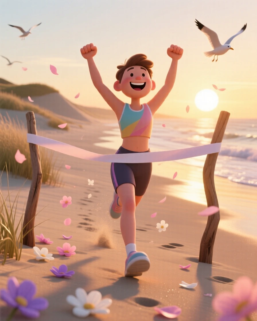 A runner crossing a finish line with arms raised unfolds on a quiet beach at sunrise, with flower petals scattered on the breeze. The mood is triumphant, warm, and full of love.