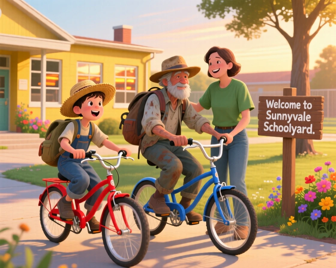 A young farmer and a tired traveler are seen learning to ride a bike with a patient helper close by in a sunny schoolyard, while a warm glow of evening light surrounds them.