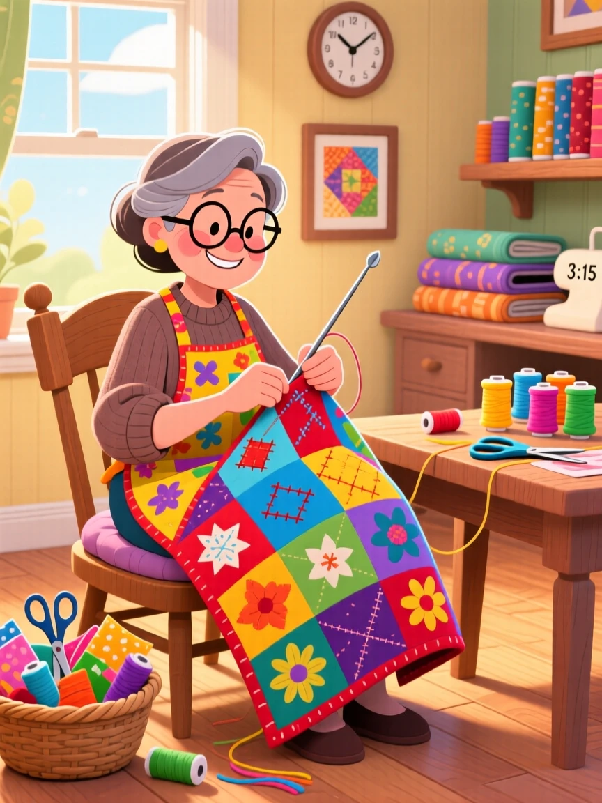 A quilter stitching together a colorful patchwork blanket.
