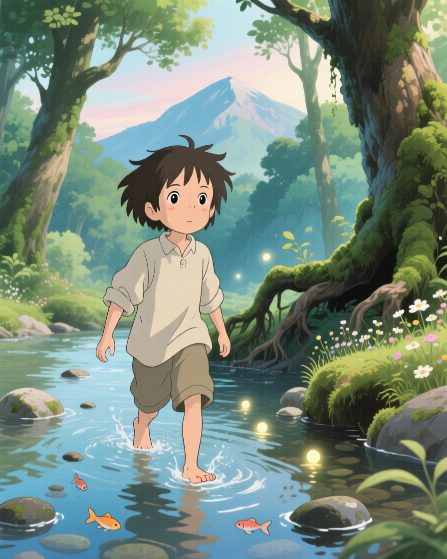 A barefoot child wading through a shallow creek, the moment bursting with curiosity.