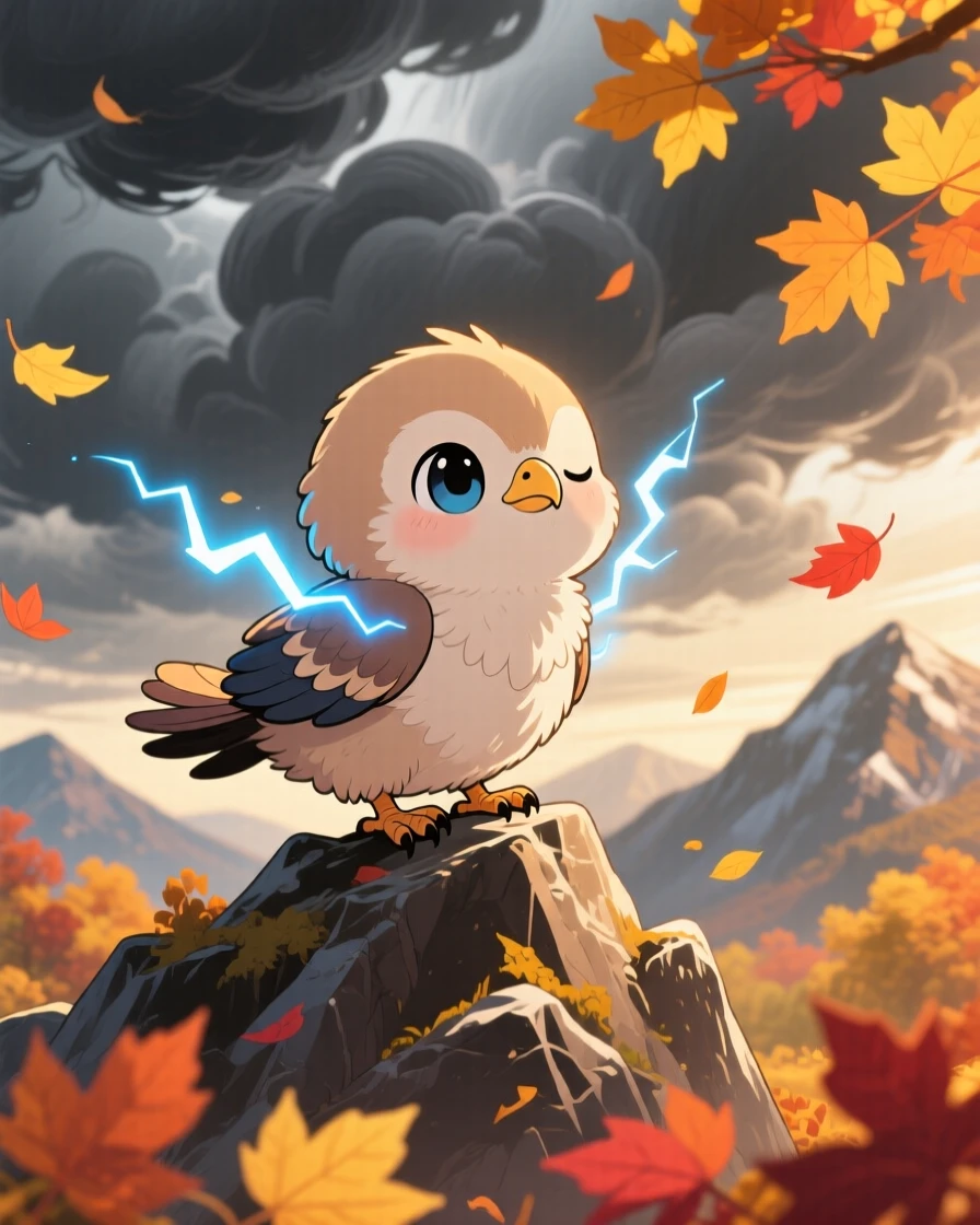 A baby thunderbird sparking tiny harmless lightning between its feathers, framed as a three-quarter view within a stormy mountain peak, during golden autumn harvest season, glowing under warm morning light filtering through leaves, evoking sleepy relaxation.