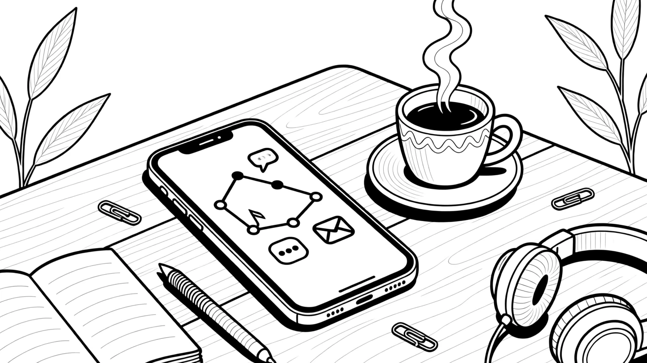 A smartphone displaying a constellation of app icons, with a cup of coffee steaming nearby.